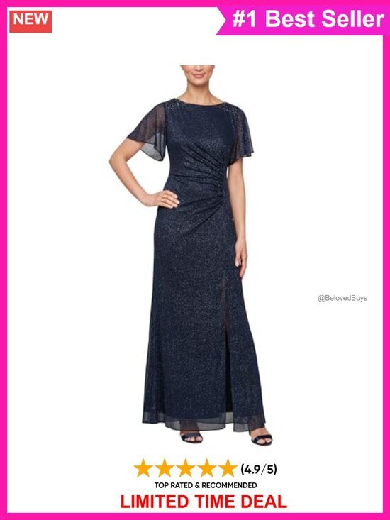 Dresses & Skirts - S.L. Fashions Glitter Mesh Stretch Formal Long Gown Embellished Shoulder